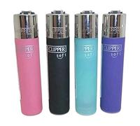 Clipper Lighters, Set of 4, Assorted Designs, Refillable, Soft Touch, Pink, Blue, Purple, Black, Metallic Pastel