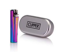 Clipper Metal Purple Blue Flint Lighter, Refillable, Adjustable Flame, Brushed Chrome Finish, Gift Boxed in Tin