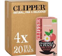 Clipper Organic Chamomile and Peach Infusions Fruit Teabags, 80 Infusions Tea Bags (4x Boxes of 20), Caffeine-Free Herbal Tea, Natural, Unbleached, Plastic Free