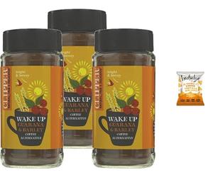 Clipper Organic Wake Up Coffee Alternative 125g + Indulge Snack| Natural Guarana & Barley Blend |New Whole Earth Branding | From SuperfoodUK (Pack of 3)