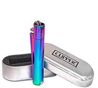 CLIPPER SOLID METAL FLINT IGNITION LIGHTERS IN "RAINBOW'' AND ''RAINBOW" - BRUSHED CHROME FINISH - WITH CLIPPER EMBOSSED GIFT TINS - PACK OF 2 LIGHTERS BY TRENDZ