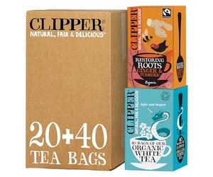 Clipper Tea Fairtrade Restoring Roots Ginger & Turmeric Organic 20 Tea Bags 36g & Teas Ltd Fairtrade Organic White Tea 40 Unbleached, Plastic-Free Bags, 70 g