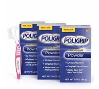 Clippermill Denture Brush - Rubber Grip compatible with PoliGrip Super Denture Adhesive Powder, Extra Strength 1.6 oz (Pack of 3) All-Day Hold, Prevent Food Particles, Denture Care Accessories Set