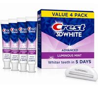 Clippermill Toothpaste Squeezer Bundle Compatible with Crest 3D White Advanced Teeth Whitening Toothpaste | Includes 4 x 3.7 oz Luminous Mint Toothpaste & Reusable Tube Squeezer | Oral Care Bundle