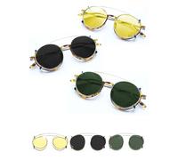 Clippies Coloured Clipon sunglasses for prescription glasses. Clip On Sunglasses Over Prescription Glasses. Coloured Non Flip Clip-on Sunglasses Dark, Yellow, Green (Colored Lens Clip-on Gold Frame)