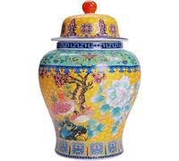 CLISDFG Ceramic Ginger With Lid, Hand Painted Floral Pattern Yellow Porcelain Vases For Home Décor,Chinoiserie Temple Jar, Storage Jar,L