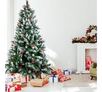 Cliselda 7ft/210cm Artificial Christmas Tree with Pine Cones Red Berries, Snow Flocked Xmas Tree with 1100 Tips, Metal Solid Stand for Holiday Home Party Indoor Decoration