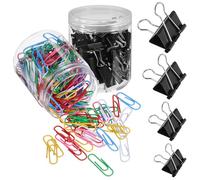 CLISPEED 100pcs Black Metal Binder Clips Assorted Sizes (32mm, 25mm, 19mm, 15mm) + 200pcs Colorful Paper Clips 28mm Random Colors for School Office Home Paperwork Organization