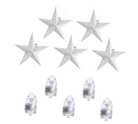 CLISPEED 10pcs Christmas Hanging Star Pendant Lights Set, 45cm Silver Paper 3D Pentagram Lanterns Yellow Mini LED Battery Operated Lights, Xmas Party Decorative Accessories for Indoor