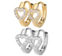 CLISPEED 2 Pairs Small Heart Hoop Earrings Set for Women and Teens, Vintage Geometric Tiny Huggie Cartilage Earrings in Gold and White Gold Tone, Minimalist Jewelry