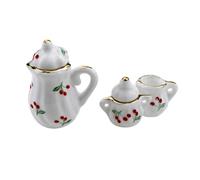 CLISPEED 2 Sets Miniature Ceramic Teapots with Cherry Design, Fairy House Ornament Dollhouse Accessories, Mini Kettle and Cups for Doll Furniture Model Scene Decor