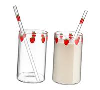 CLISPEED 2 Sets Transparent Strawberry Pattern Cups with Straws Heat Resistant Borosilicate Milk and Juice Tumblers for Home Use Decorative Flat Bottomed Drinkware
