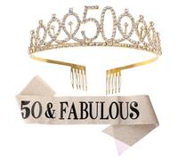 CLISPEED 2pcs 50th Birthday Sash and Hair Hoop Set for Queen, Golden Fabric Leather Material, Elegant Party Accessory for Birthday Party Celebration