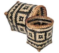 CLISPEED 2pcs Bamboo Woven Trash Can Set, round Waste Paper Basket with Sundries Organizer for Living Room and Bedroom, Eco-friendly Draining Basket for Home Storage and Flower Random Style