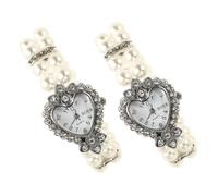 CLISPEED 2pcs Elegant Heart-Shaped Women S Quartz Wristwatch with Rhinestone Crystal Dial and Double Row Elastic Faux Pearl Bracelet Stylish Analog Timepiece for Special Occasions Parties