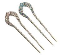 CLISPEED 2pcs Rhinestone Hair Chopsticks Set Double Prong U-shape Hair Stick Vintage Style Dovetail Pin for Evening and Daily Wear Purple and Blue