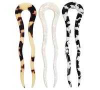 CLISPEED 3 Pcs U Shape Hair Forks Acetate Hair Styling Pins for Women in Light Tortoise Cow Print and Bun Accessories for Thick Curly