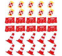 CLISPEED 30pcs Miniature Traffic Cones and Road Signs for Educational Play Realistic Traffic Model Simulation with Red Cones Barriers and Yellow Crash Buckets Outdoor Learning and Road