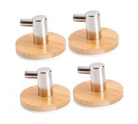 CLISPEED 4pcs Bamboo and Stainless Steel Coat Hangers Strong Adhesive Wall Hooks for Bathroom Kitchen Towel Hanging Space-Saving Organizer