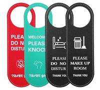 CLISPEED 4pcs Double-sided Artificial Leather Door Sign for Hotel Office Home Do Not Disturb Please Knock Door Hanger with Messaging Knock First Privacy Indicator in Black Green Red Colors