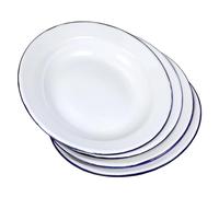 CLISPEED 4pcs White Enamel Serving Platters with Flat Edge Rim Shallow Plates for Salad Dessert Fruit Soup for Home Camping Outdoor Dining Easy to Clean Enamelware Trays
