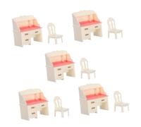CLISPEED 5 Sets Miniature Dollhouse Living Furniture Portable White Desk and Chair for Pretend Play Collectible Office Model for Role Playing and Photo Props