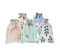CLISPEED 50 Pcs Small Drawstring Burlap Bags 10x14cm with Floral, Blue Leaf, Orchid, Flamingo Patterns Portable Wrapping Bags for Wedding Jewelry, Party Favors, and Festival Presents
