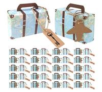 CLISPEED 60pcs Travel Suitcase Party Favor Boxes with World Map Kraft Paper, Mini Candy Boxes with Blue Suitcase and Airplane Key Tags, Wedding and Travel Theme Celebration Packaging