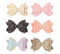 CLISPEED 6pcs Handmade Leather Hair Bows Set with Sparkly Sequin Design Creative Double Layer Bow Clips to Decorate and Organize Hair and Daughters Random Color