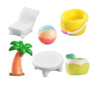CLISPEED 6pcs Summer Beach Resin Ornaments Set Miniature Palm Tree Beach Ball Small Plastic Bucket Mini Chair Coconut Water Bottle Round Wood Table Ocean Themed Tiny Figurines for Coastal