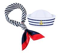 CLISPEED Blue White Striped Yacht Captain Hat and Scarf Set Soft Comfortable Nautical Sailor Costume for Men Women Outfit for Halloween Carnival Party Dressing Up