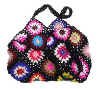 CLISPEED Boho Canvas Tote Bag and Hand-Crocheted Woven Shoulder Bag Floral Pattern Lightweight for Women Summer Beach Use Black
