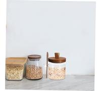 CLISPEED Glass Seasoning Container with Lid and Spoon Airtight Multi Use Sugar Jar and Condiment Storage Transparent Kitchen Spice Holder for Family and Outdoor Bbq Glass and Wood Design