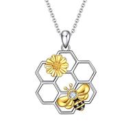 CLISPEED Gold Alloy Bee Pendant Necklace with Hexagon Honeycomb and Floral Letter Charm, Creative Shiny Jewelry for Women