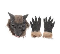 CLISPEED Halloween Werewolf Costume with Dark Grey Latex Wolf Head Mask and Scary Paw Gloves for Adults Roleplay Party Prop for Cosplay and Themed Events