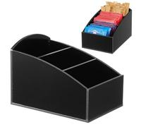 CLISPEED Hotel Tea Bag Box: Black 3 Compartment Sugar Organizer with Lid - Coffee Station Storage Desktop Holder for Milk Tea Home Restaurant Kitchen Countertop