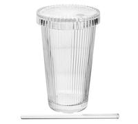CLISPEED Large Capacity Vertical Stripe Glass Cup with Lid and Straw High Borosilicate Multi Purpose Juice and Tea Drinking Tumbler for Fresh Beverage Protection