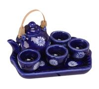 CLISPEED Miniature Ceramic Tea Set 6pcs Dollhouse Tea Cups and Teapot Tray, Navy Blue Japanese Style Mini Kitchen Accessories for Doll House Scene Prop