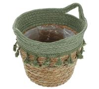 CLISPEED Natural Macrame Storage Basket with Green Woven Tassel Pom Poms Small Sundry Organizer Box for Desk Bathroom and Indoor Plant Pot Holder Compact and Space-saving Design