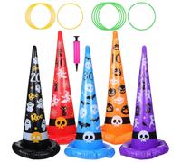 CLISPEED Ring Toss Game Set, 16 Pcs Halloween Inflatable Witch Hats Toss Game with Air Pump and Plastic Rings for Kids Family School Outdoor Indoor Carnival Party Favor Halloween Toss Toys