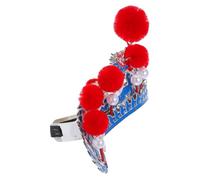 CLISPEED Traditional Chinese Peking Opera Helmet Headpiece with Adjustable Strap Authentic Blue Hanfu Hat with Red Furry Ball Tassel Cultural Costume Headband for Women and Stage