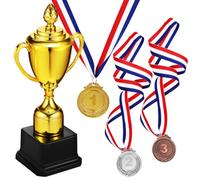 CLISPEED Trophy Cup 12 Pcs Golden Trophy with 3 Medals Mini Awards Trophies Plastic for Spring Festival Carnival Sports Football Basketball Rugby Competitions Winning Prizes, 4.7x9inch
