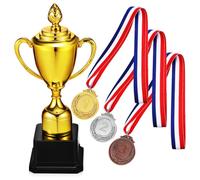 CLISPEED Trophy Cup with 3 Medals, 9" Mini Plastic Award Trophies for Kids & Adults - Gold Winner Prize Cups for Football Basketball Rugby Sports Party School Rewards