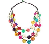 CLISPEED Women Retro Chunky Wood Bead Necklace with Colored Coconut Shells, Handwoven Multi-layer Long Strand Necklace, Skin Friendly and Safe, Boho Jewelry for Casual Wear