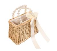 CLISPEED Women's Portable Pearl Straw Beach Handbag Woven Rattan Tote Bag Summer Travel Shoulder Purse Crocheted Pouch