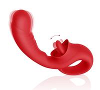 Clitoral Licking G Spot Vibrator, 2 in 1 Nipple Clitoralis Stimulator with 10 Licking & Vibrating Modes, Rechargeable Strapless Strap-On Realistic Dildo Vibrator, Adult Sex Toys for Women Couple (Red)