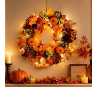 CLIUNT 45CM Artificial Autumn Wreath, Autumn Wreath Front Door, with LED Light & Punkin Berries Maple Leaves, For Halloween, Thanksgiving, Harvest Festival, Christmas, Wall Window Hanging Decorations