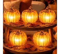 CLIUNT 5PCS LED Pumpkin Set, Battery Operated Halloween Decorations, Light Up Pumpkins, Autumn Thanksgiving Tabletop Decor, For Indoor Home Bedroom Office Desk Party Ornaments 7CM