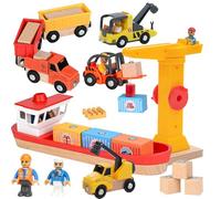 CLIUNT Wooden Construction Toys for Boys, Magnetic Port Transport Scene Set - Boat, Tower Crane, Dump Truck, Trailer & Forklift, Boys Toys Gift for Kids Toddler
