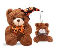 CLKDPNO Halloween Stuffed Animal Plush Teddy Bear Doll 23cm Cute Brown Halloween Plushie Soft Toy for Kids Pumpkin Bear Plush and 8cm Bow Bears Keychain for Children's Day